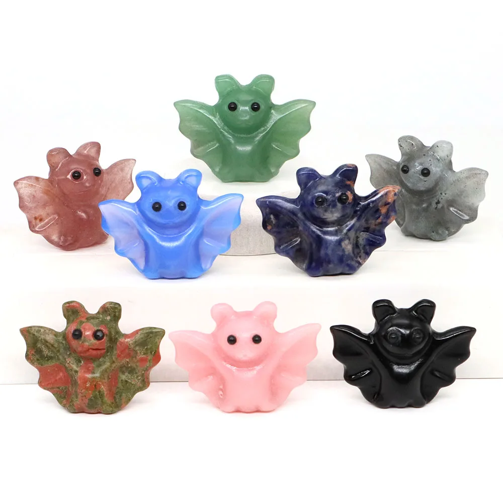 1.6''Bat Statue Natural Stone Healing Crystal Rose Quartz Animal Figurine Hand Carved Gems Crafts Home Decoration Halloween Gift