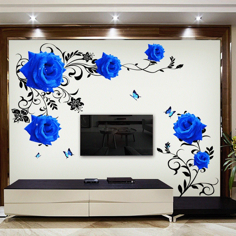 Large Size Blue Rose Flowers Wall Stickers Sofa/TV Background Home Decoration DIY Bedroom Living Room Mural Art Decals Poster