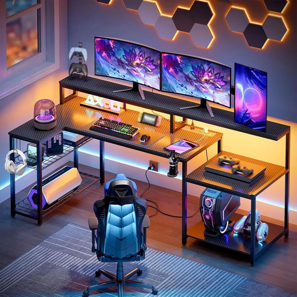 71 L-Shaped LED Gaming Desk with Power Outlets, Monitor Stand, Adjustable Shelves, Cup Holder & Hooks, Black