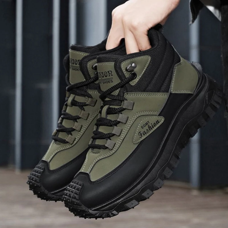 Men'S Black And White Mid Top Hiking Boots Waterproof Leather Platform Sneakers Non Slip Outdoor Casual Shoes With Rugged Sole