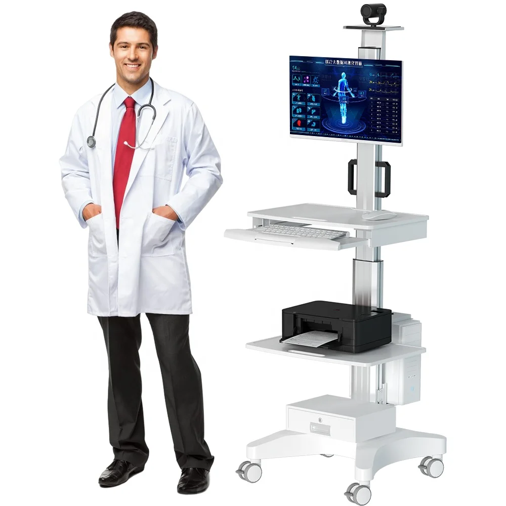 Height Adjustable Hospital Mobile Computer Cart Medical Monitor Cart Telemedicine Terminals for Hospital Home Office School