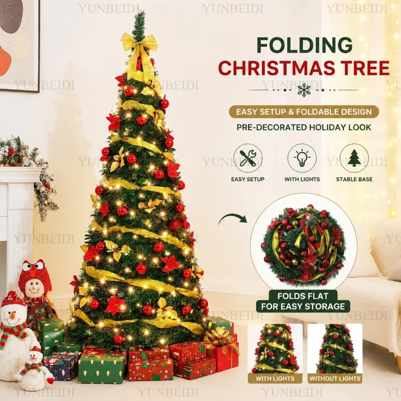 Foldable Christmas Tree with LED Light Decorative Accessories All-in-one Artificial Christmas Tree 150CM To 210CM for Home Decor