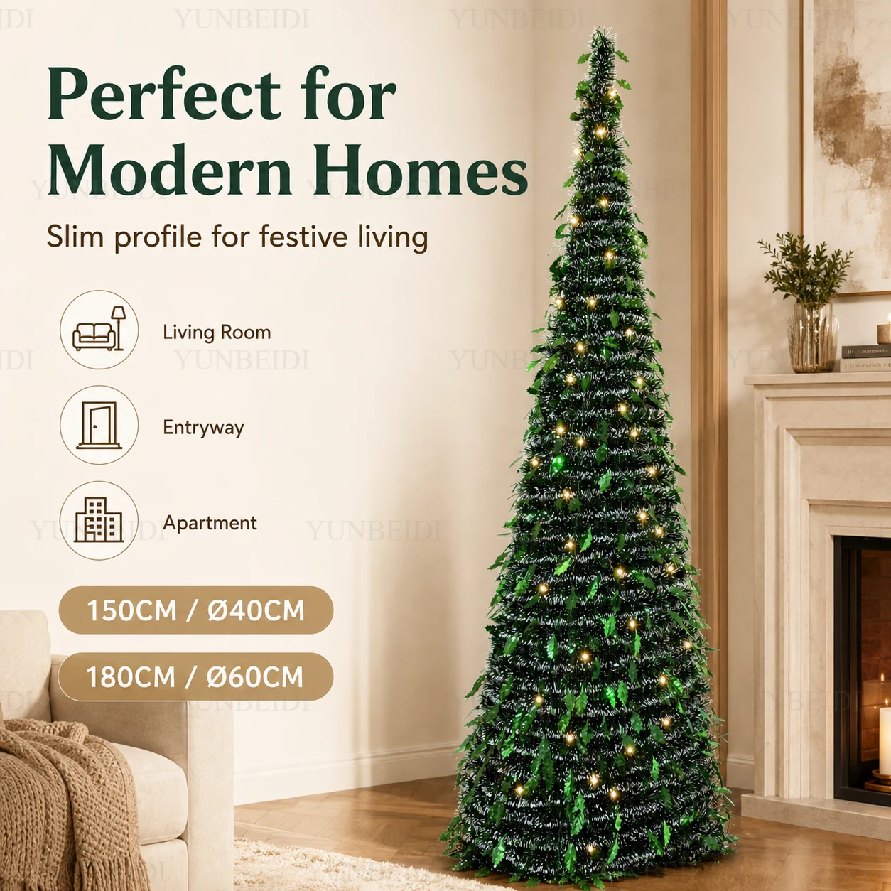 Stretchable Artificial Christmas Tree 150cm/180cm with LED Lights Integrated Christmas Tree Home Christmas Party Scene Decor