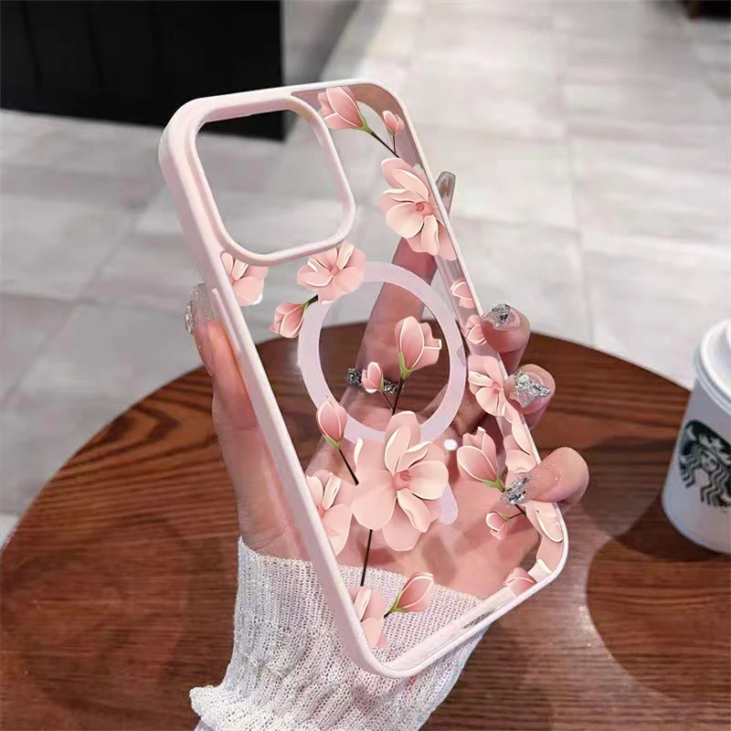 Cartoon Flower Pattern Clear For Magsafe Wireless Charger Phone Case For iPhone 17 16 11 12 13 Pro Max 15 14 Plus 16e Air Cover