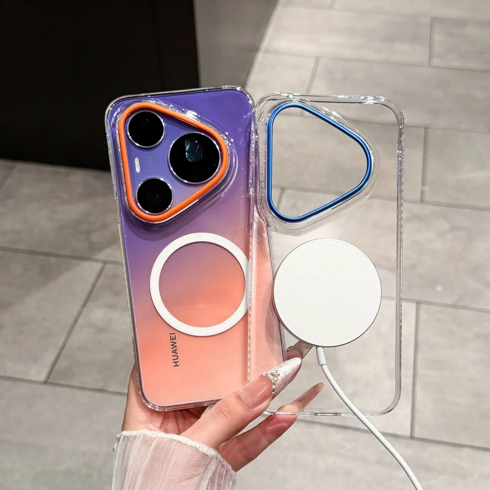 Transparent For HuaWei Pura 80 Ultra 90 Pro Max Case Magnetic Wireless Charger PC Shell Shockproof Protective Clear Back Cover