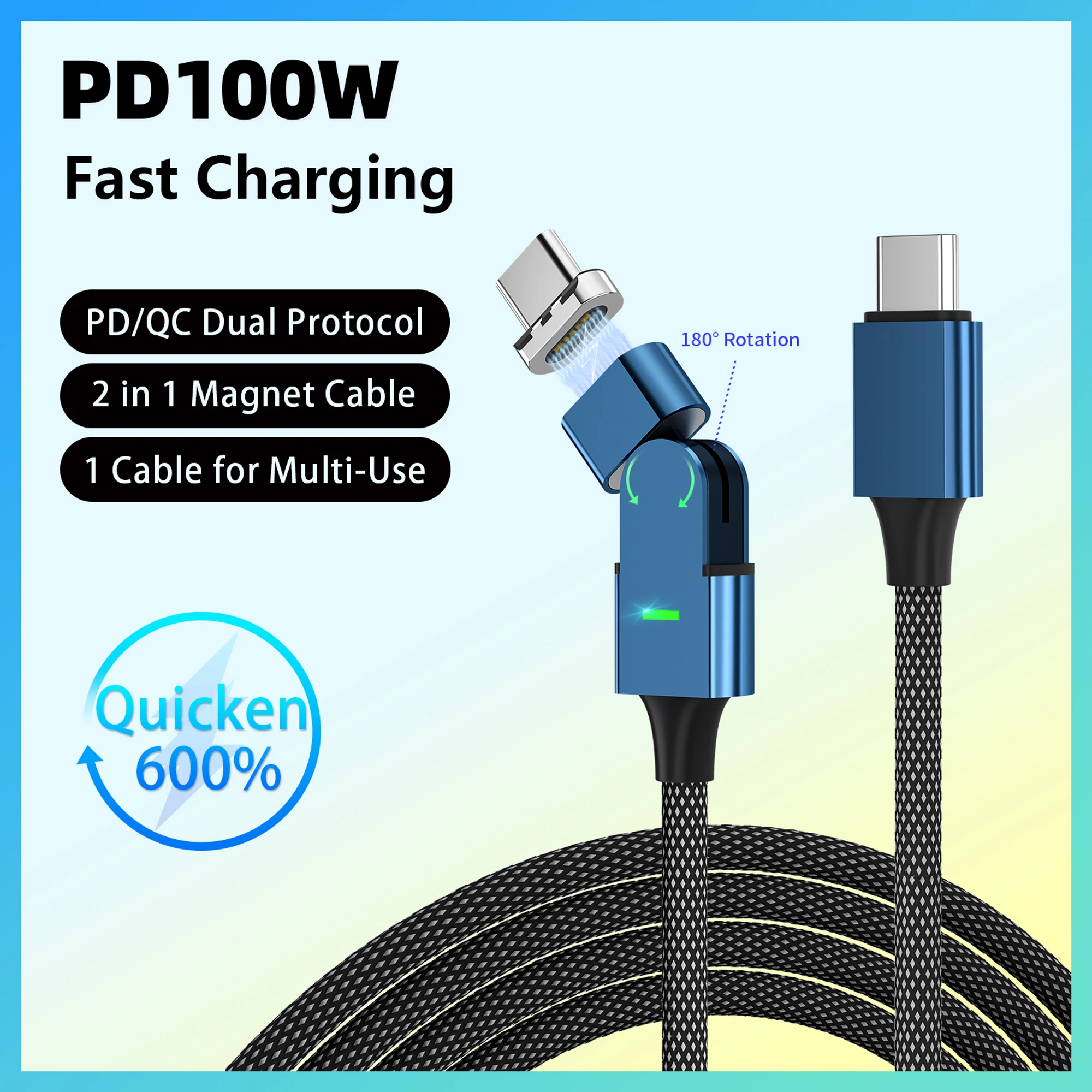 2M PD100W 5A Fast Charging 180 Rotation Magnetic Type C Cable For Iphone Samsung Xiaomi Huawei Mobile Phone Magnetic Usb C Cable
