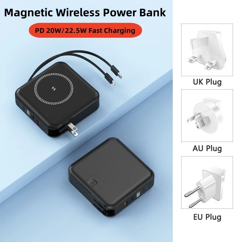 10000mAh Magnetic Wireless Power Bank with Cable Plug for iPhone 16 Xiaomi Samsung 22.5W Fast Charge Portable Charger Powerbank