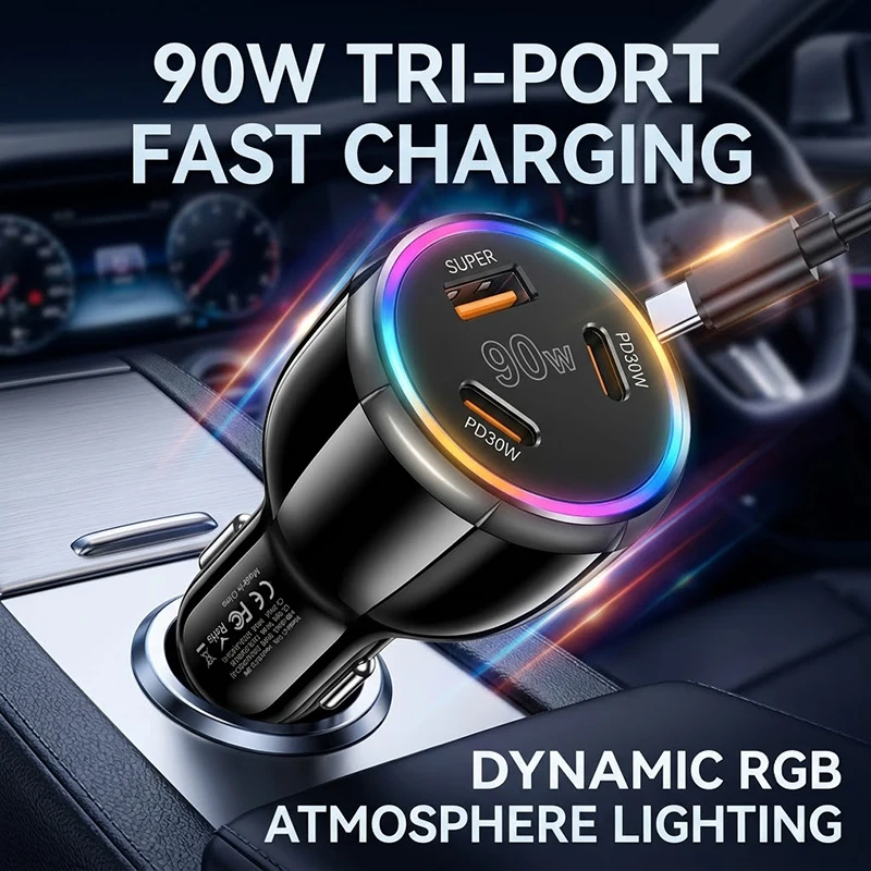 Universal 90W Car Charger Fast Charging 3 Port Adapter Dual Type C USB A with LED Multicolor Light For 12-24V Cars For iPhone 17