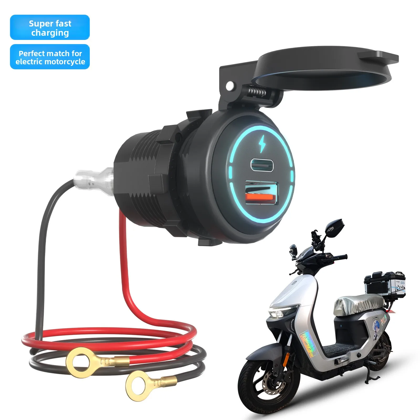 Motorcycle USB Type-C Fast Charger Dual Port 12V Power Socket with LED Light Spring Cover for Car Scooter ATV