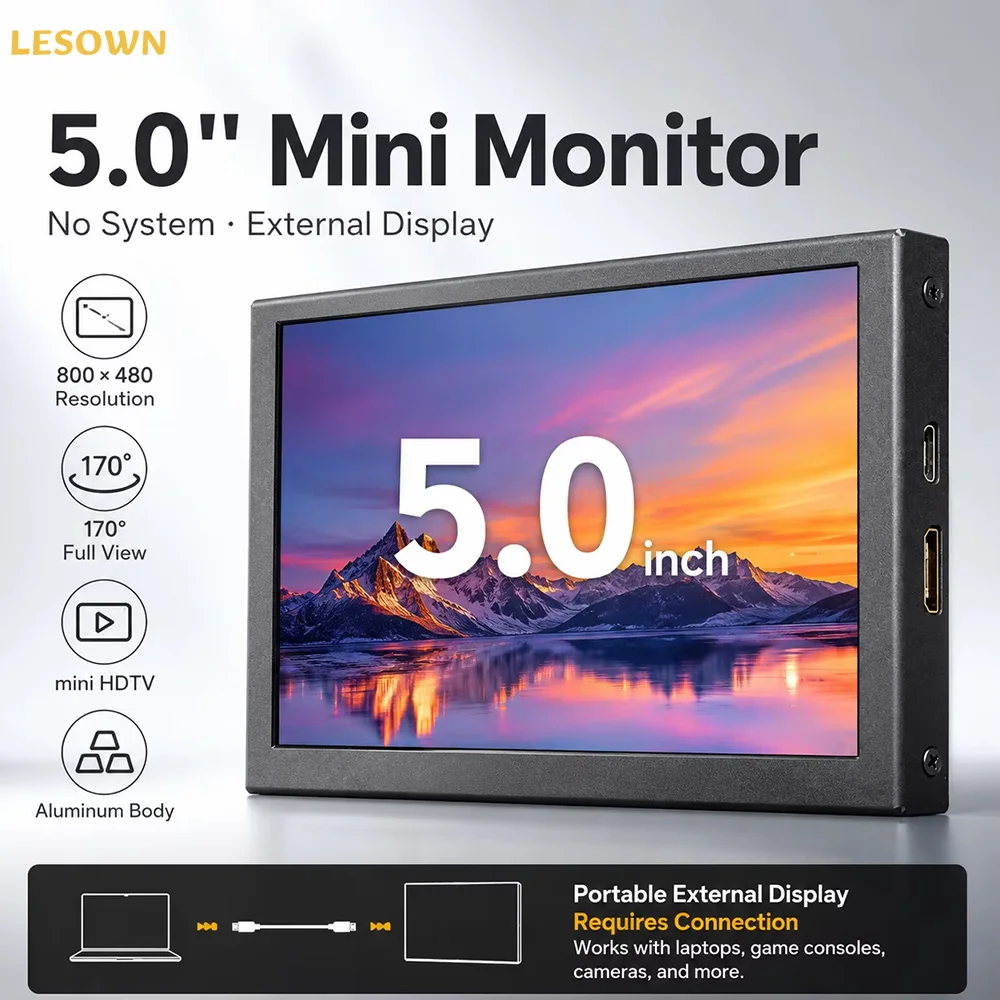 LESOWN Mini screen 5 Inch Plug and Play HDTV Compatible Monitor for Raspberry Pi Development