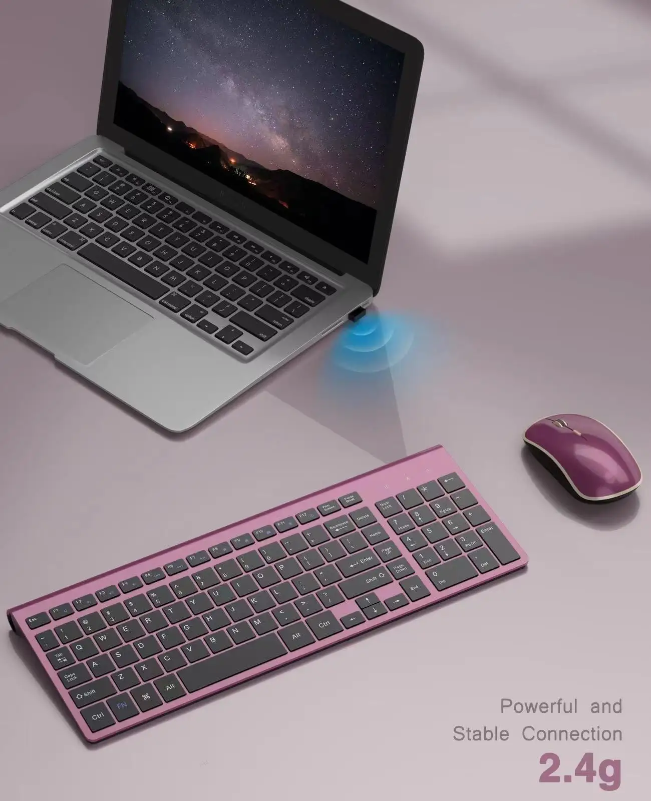 U.S. Layout Wireless Keyboard Mouse Combo,2.4G Compact and Ultra Slim Wireless Keyboard and Mouse for Desktop,TV, PC-Wine Red