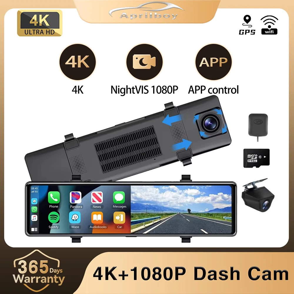 Aprilboy C37 12'' 4K Dash Cam Carplay with Wireless Android Auto Loop Recording WiFi Bluetooth Navigation Touchscreen Car DVR