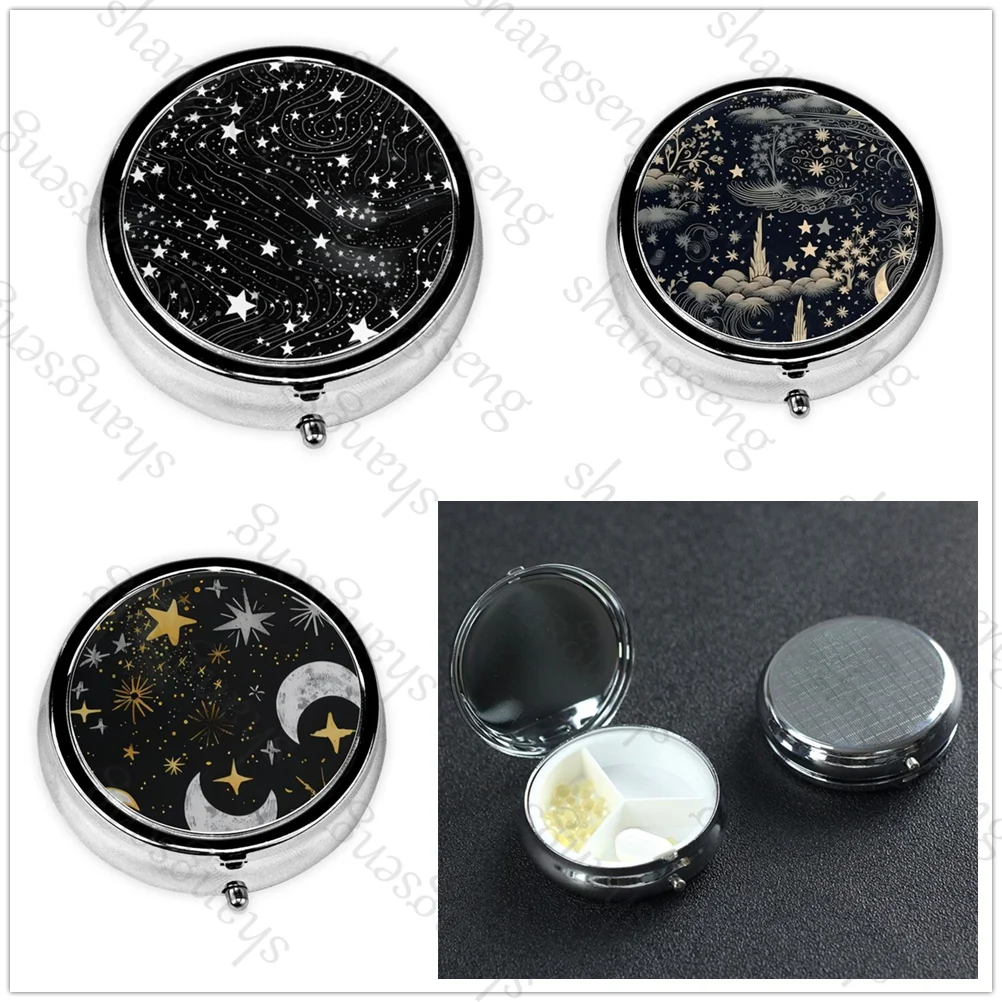 Starry sky moon Portable Pill Box Wallet Decorative Metal Vitamin Travel Wallet and Pocket Small Pill Box Travel Pill Box