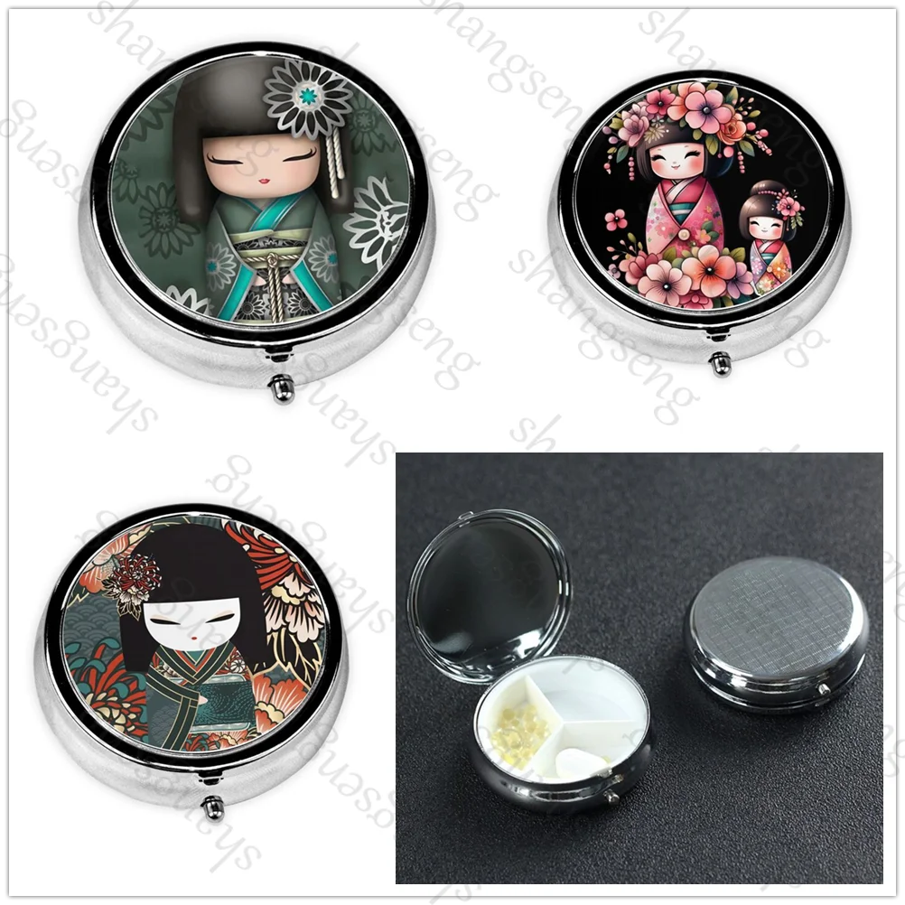 Japanese Red Sakura Kokeshi Doll Portable Pill Box Wallet Decorative Metal Vitamin Travel Wallet Pocket Small Travel Pill Box