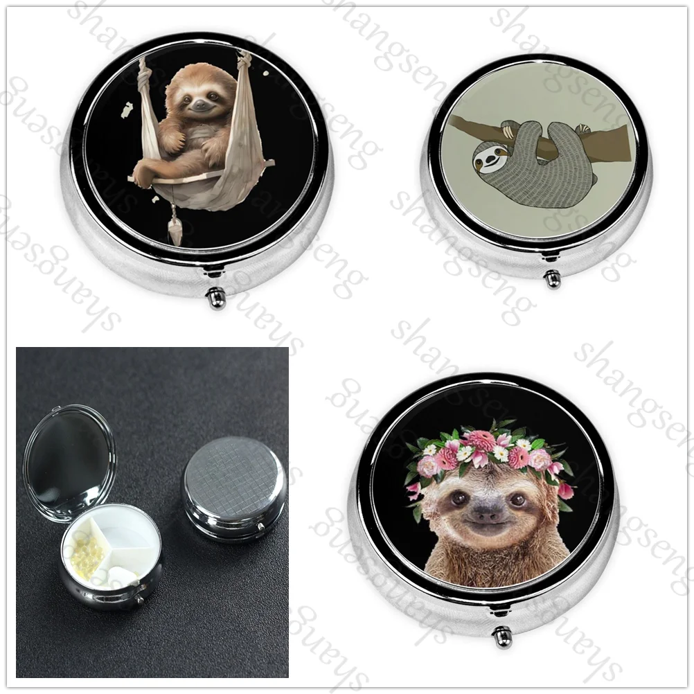 Cute sloth cartoon Portable Pill Box Wallet Decorative Metal Vitamin Travel Wallet and Pocket Small Pill Box Travel Pill Box