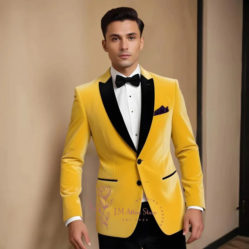 Premium Men Suits 2-piece Jacket Pants Elegant Formal Yellow Velvet Custom Tuxedo for Wedding Groom Cocktail Winter Party Attire