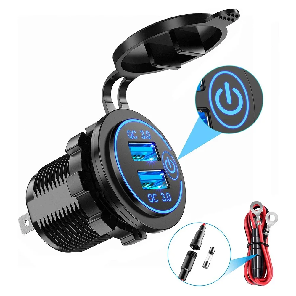 Ursuniot Waterproof QC3.0 Car Charger with Touch Switch Dual USB Ports Power Adapter DIY KIT for 12V/24V Motorcycle Boat Truck