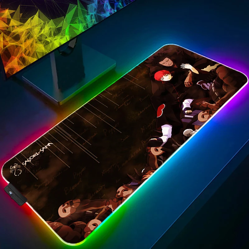 RGB Large Gaming Mouse Pad Naruto Sasori Anime PC Computer Gamer Desk Mat Backlight XXL Laptop Edge White LED Mousepad Backlight