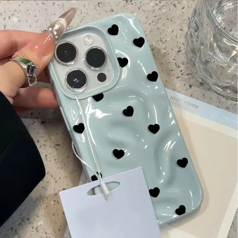Aesthetic Cute Black Heart Shockproof Phone Case for iPhone 17 16 Plus 15 14 Pro 13 12 11 Pro Max Air 16E Soft Protective Cover