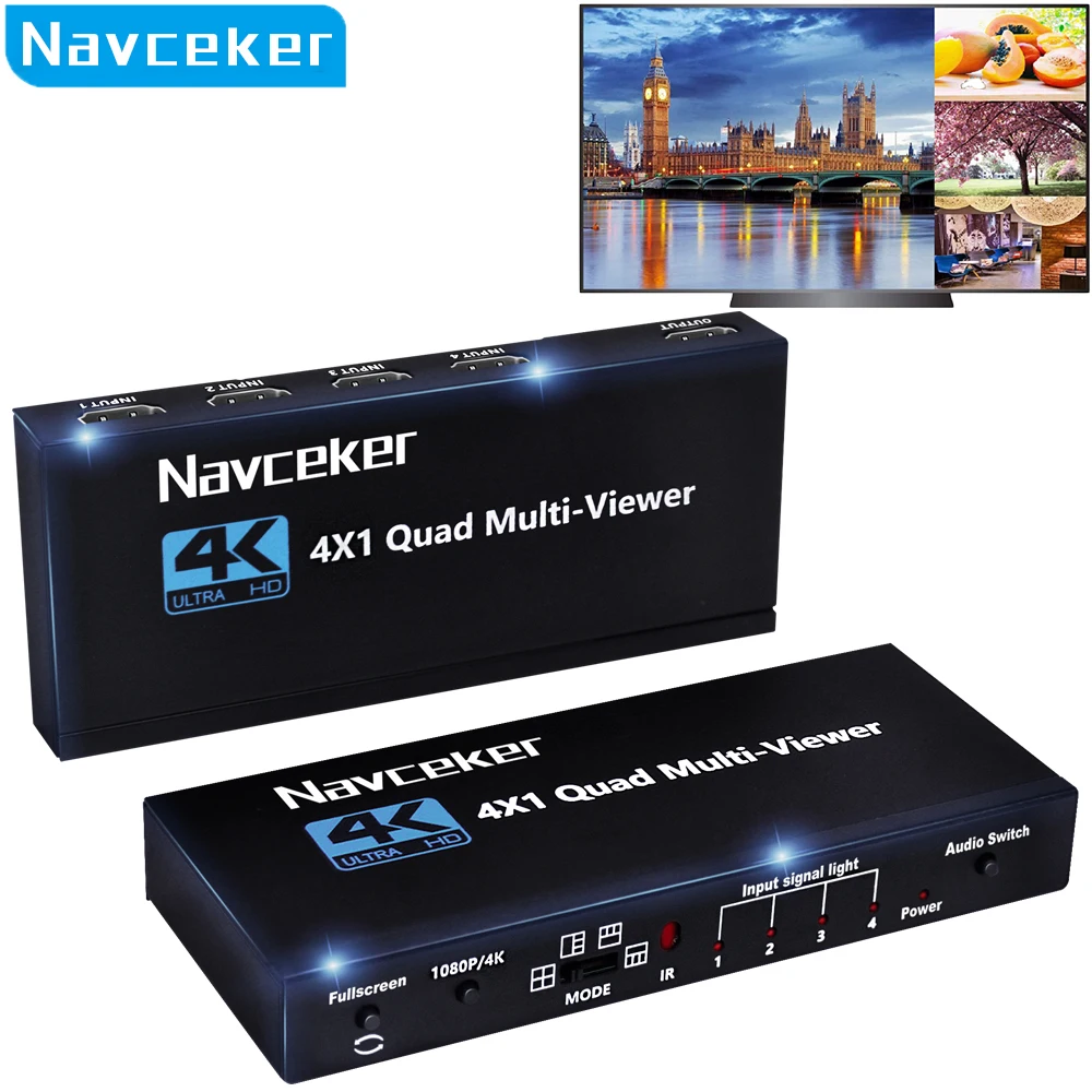 Navceker KVM HDMI-compatible Multiviewer 4K 4 In 1 Out 1080P Quad Screen Multi Viewer HDMI Multi-Viewer Seamless Switch with IR
