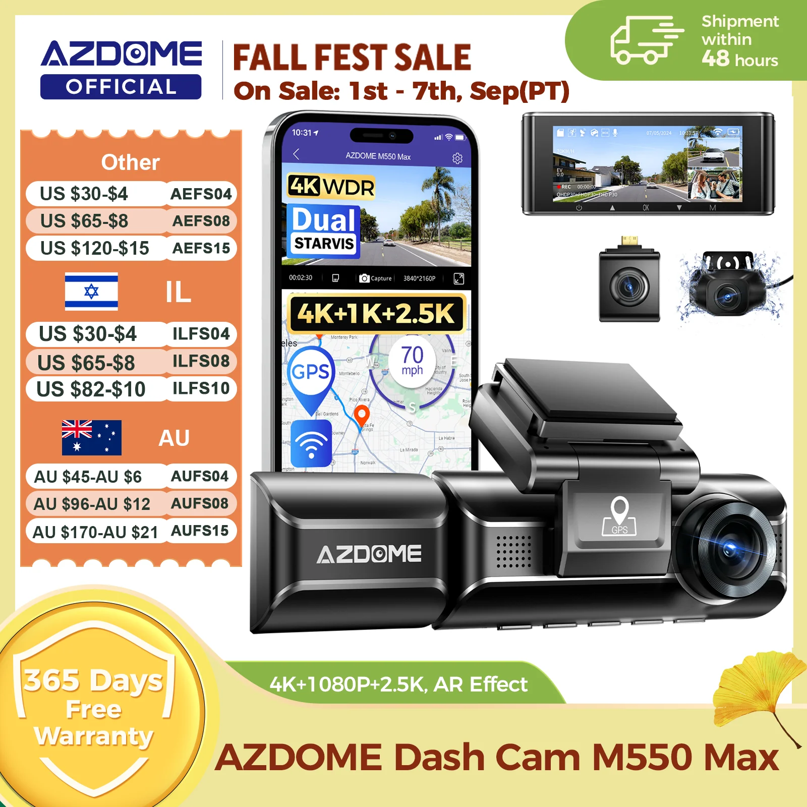 AZDOME 4K Dash Cam M550 Max Built-in GPS Wifi Camera Car DVR 3.18”Screen Night Vision 24H Parking Monitor Support Rear Cam