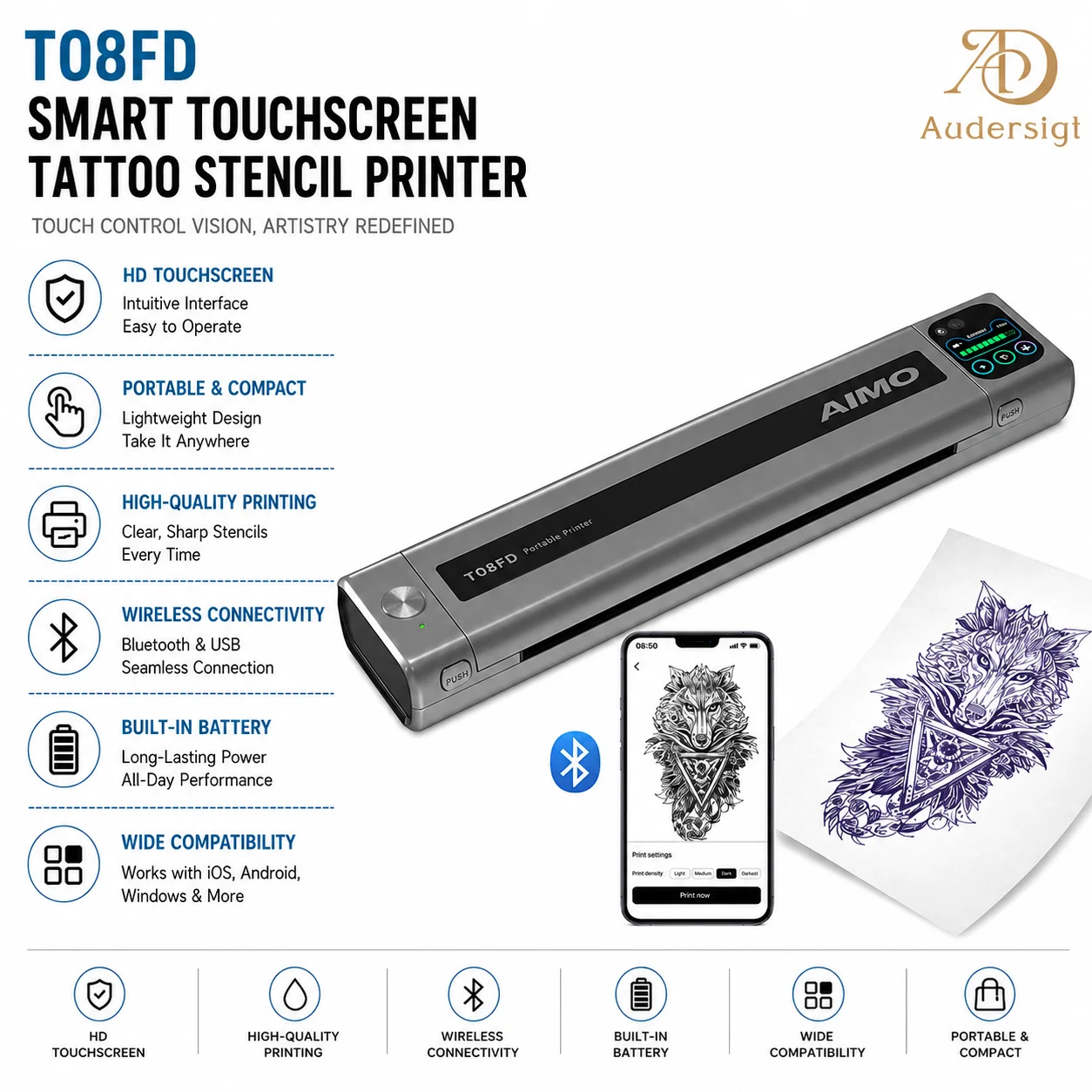 AIMO Wireless Tattoo Stencil Printer Thermal Transfer Machine Kit with Tattoo Transfer Paper Compatible with Smartphone and PC