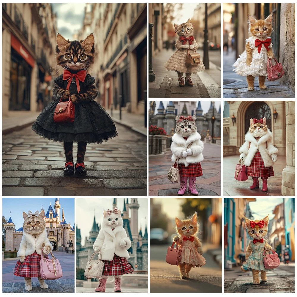 Parisian Fashion Cat Canvas Wall Art Set Stylish Pet in Dress Posters Vintage Aesthetic Home Decor for Living Room Unframed
