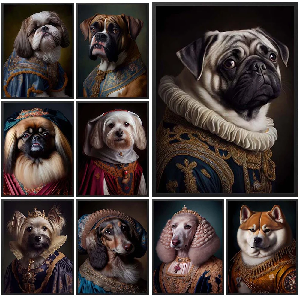 Vintage Dog Portrait Renaissance Dress Wall Pictures For Living Room Nordic Poster Wall Art Canvas Painting Home Decor Unframed