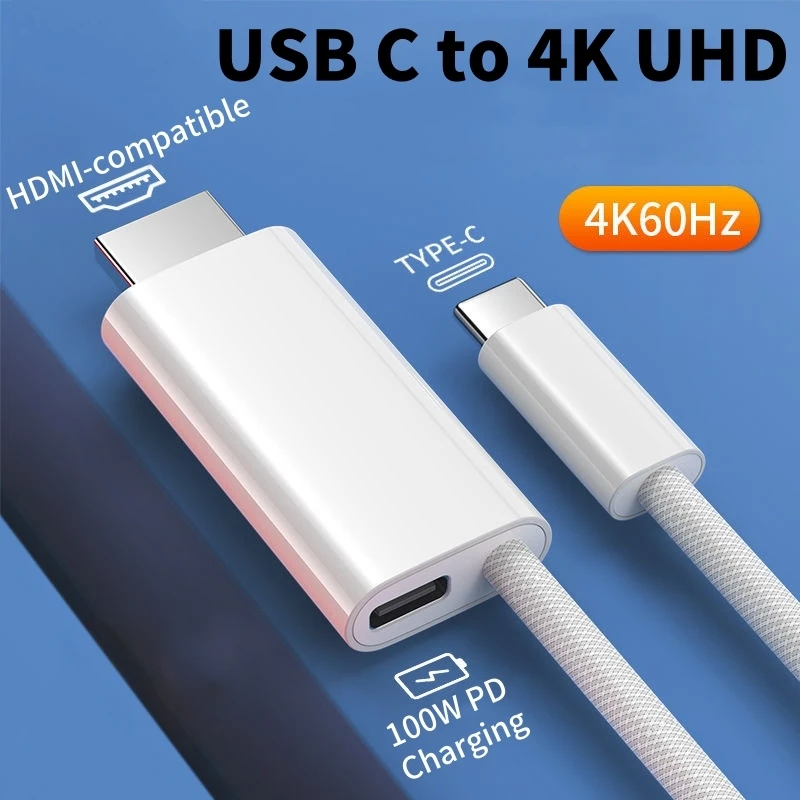 USB C to HDMI-Compatible 4K@60Hz Video Cable with PD 100W Charging for Switch i/Phone16 15 Series Samsung Dex Laptop Tablet