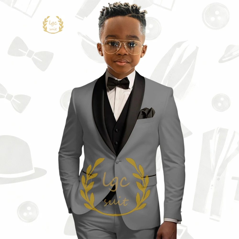 Boys' Premium 3-Piece Tuxedo Set – Shawl Lapel Blazer with Black Trim, Waistcoat & Dress Pants for Special Occasions