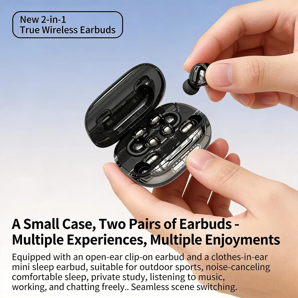 New Fashion 2-in-1 Ear-Clip & In-Ear Bluetooth Headphone 2 Pairs Reverse Charging HiFi Stereo Comfort Fit for Music Couple Gifts