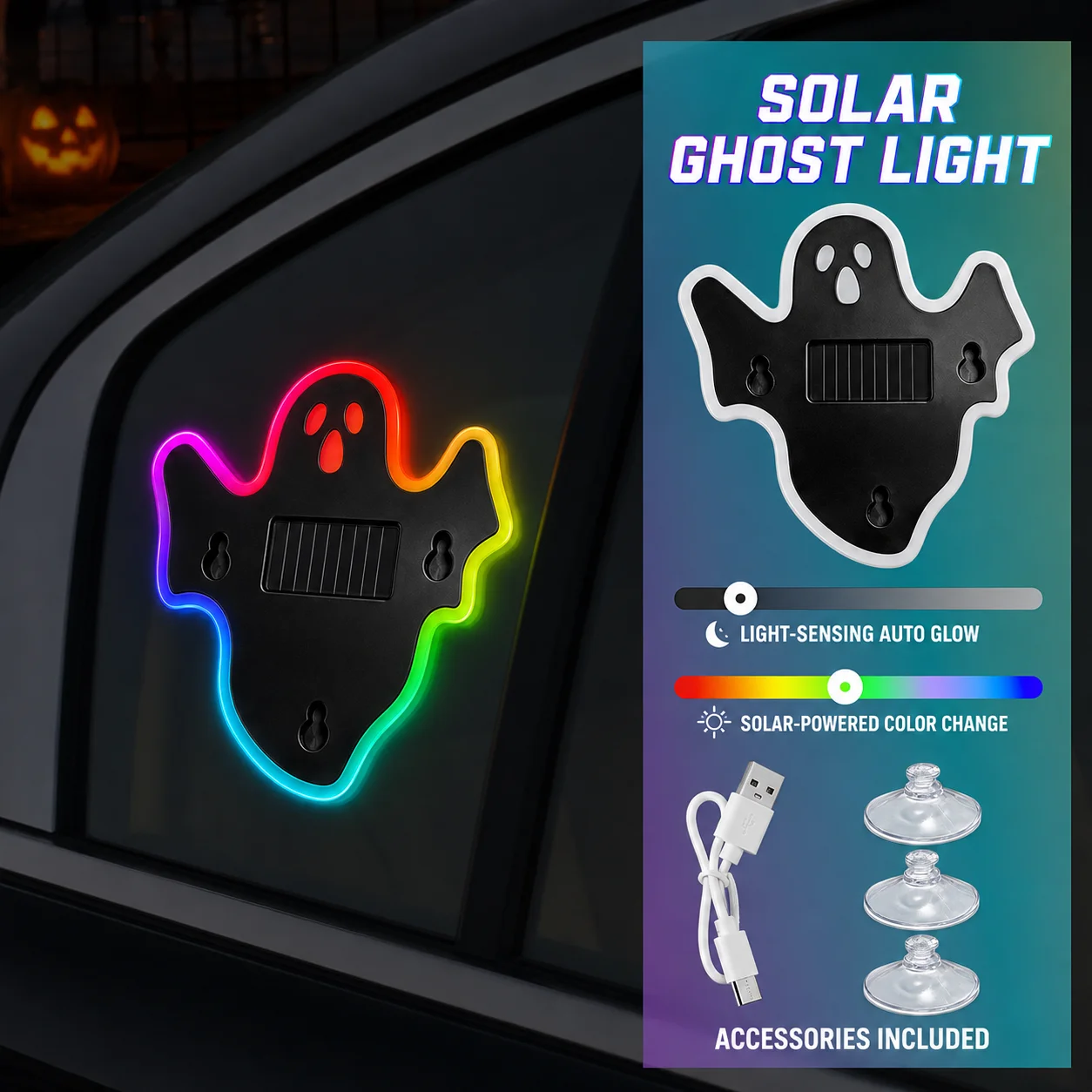 Car Styling Halloween Ghost LED Ambient Light Solar USB Rechargeable RGB Dynamic Rear Windshield Expression Decor Lamp Universal