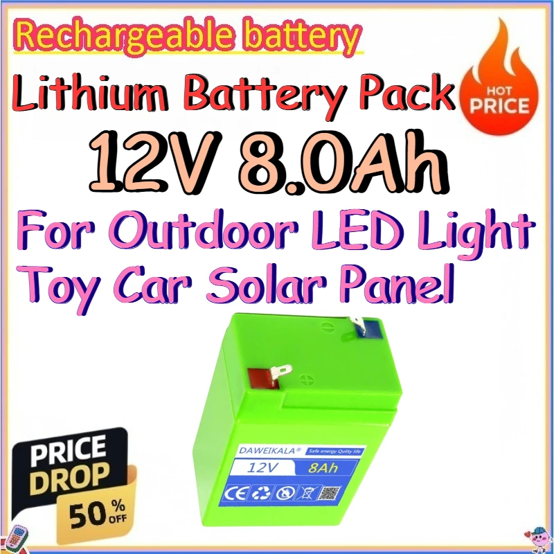 12V 8.0Ah Lithium Battery Pack for Outdoor LED Light Toy Car Solar Panel Replace Rechargeable 18650 Lithium Battery Pack
