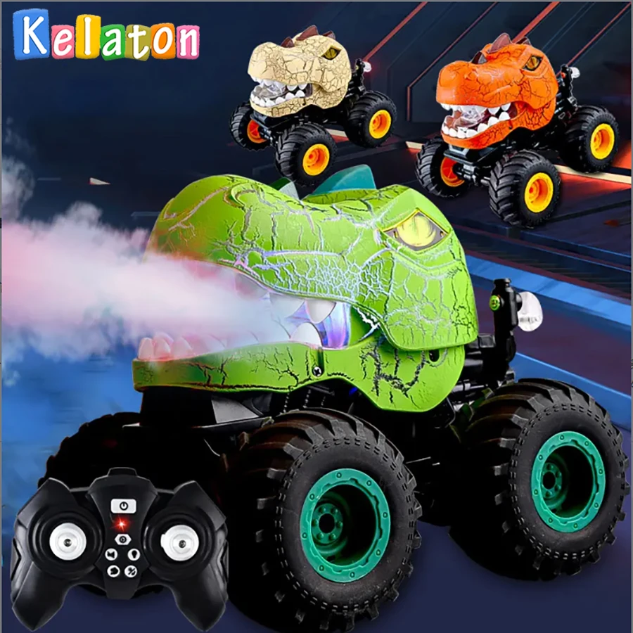 RC Dinosaur Car 2.4Ghz 360° Stunt Spray LED Lights Roaring Sound Rechargeable All Terrain Off-road Toy Gifts for Boys Girls New