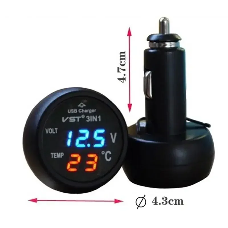 3-in-1 Digital LED Car Voltmeter and Thermometer 12V/24V Auto USB Charger with Dual Ports for Vehicles