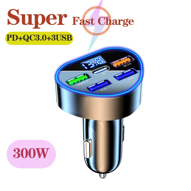 300W 5 Ports Car Charger Fast Charging PD/QC/SCP/FCP/AFC/PSS Car Cigarette Lighter Flash Charge with Digital Display