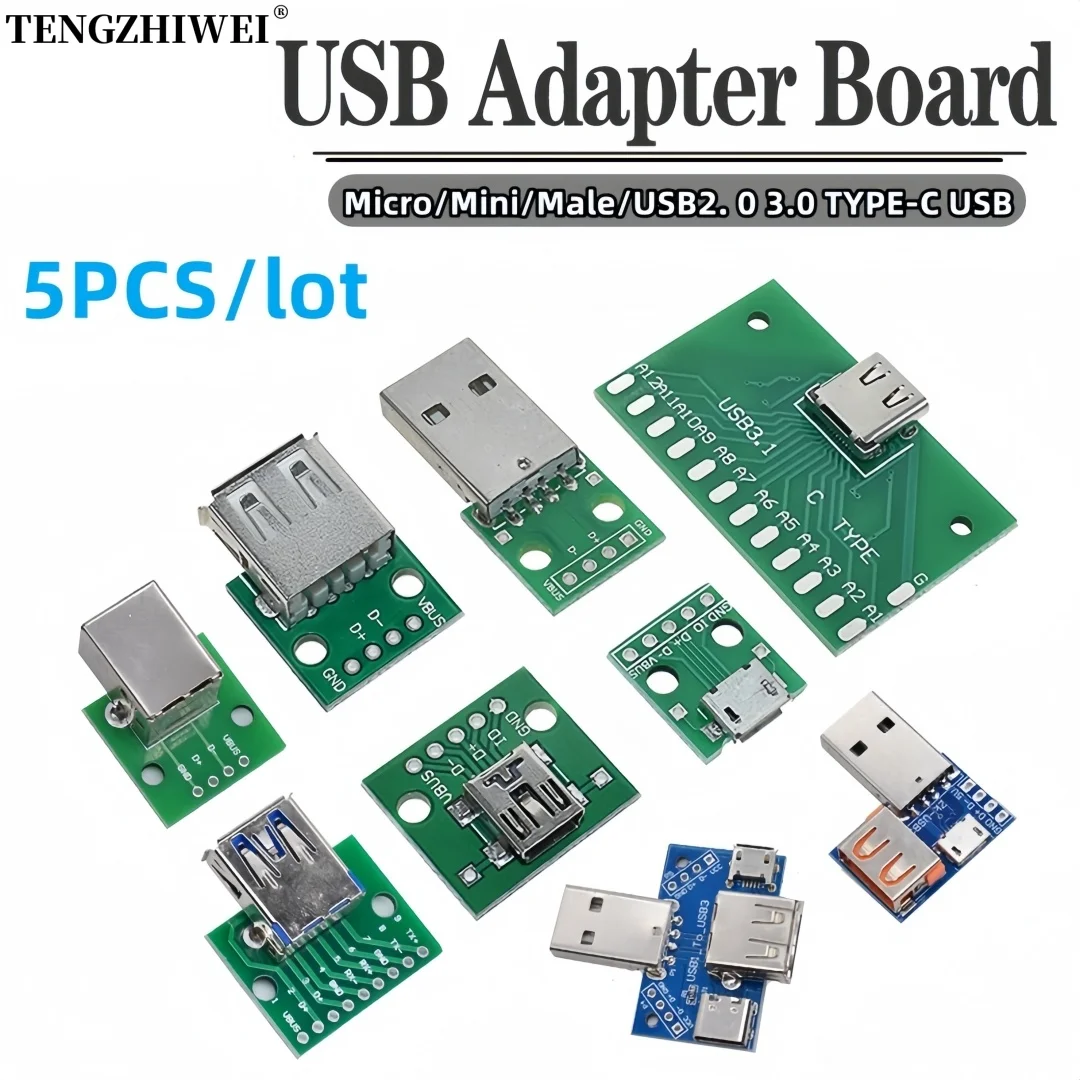 5pcs Micro Mini USB A Male USB 2.0 3.0 A Female USB B Connector Interface to 2.54mm DIP PCB Converter Adapter Breakout Board