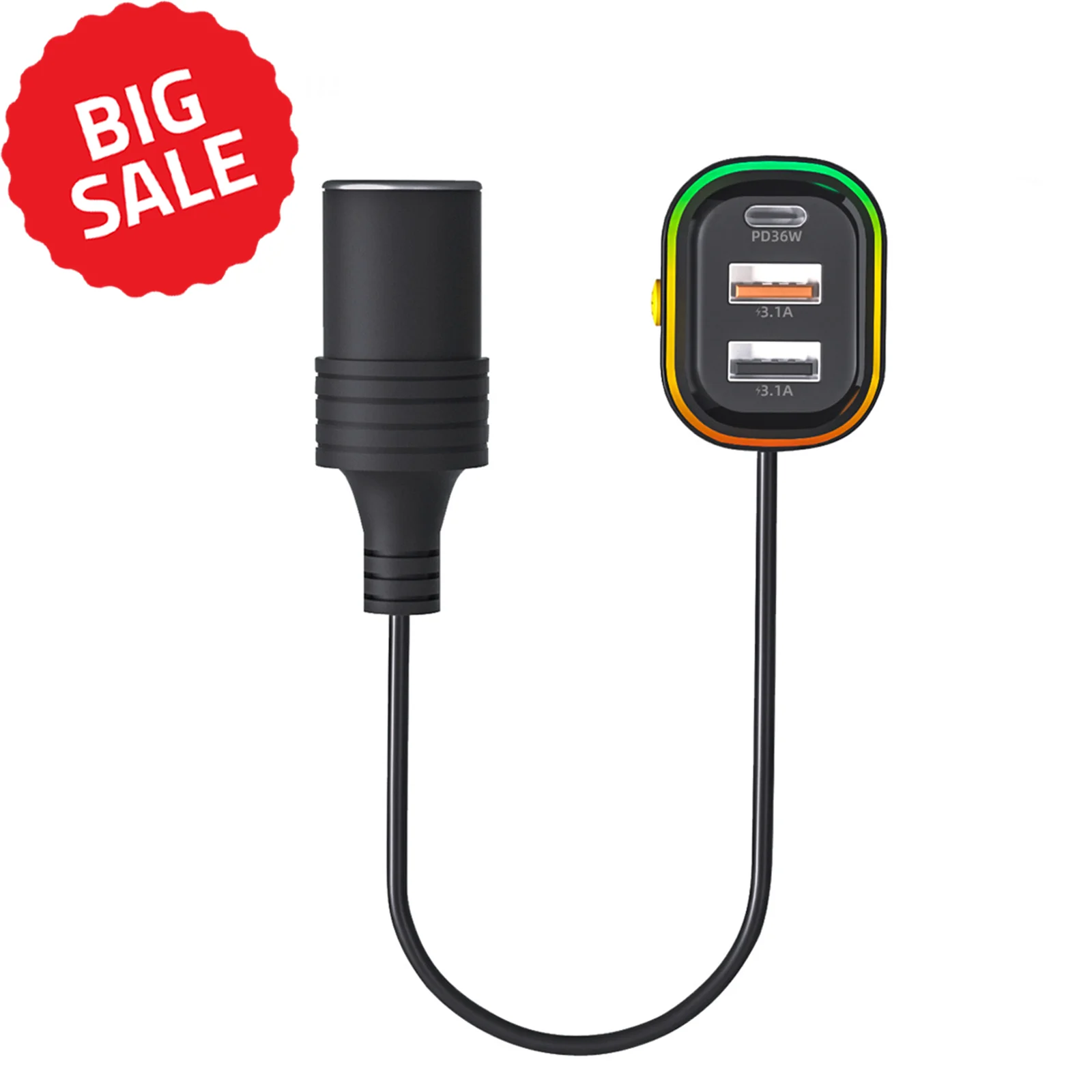 36W Fast Car Charger USB-C PD + 2 USB-A + Cigarette Lighter 12V-24V for iPhone Samsung Tablet Truck SUV, Smart Safety