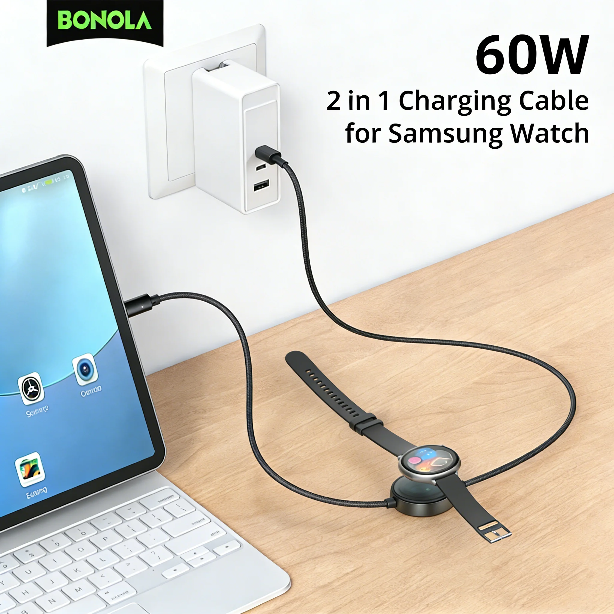 Bonola 2 in 1 Magnetic Charger Cable for Galaxy Watch Ultra 8/7/6/5 Fast Charging Data Line for Samsung S26 Ultra/S25/S24/S23