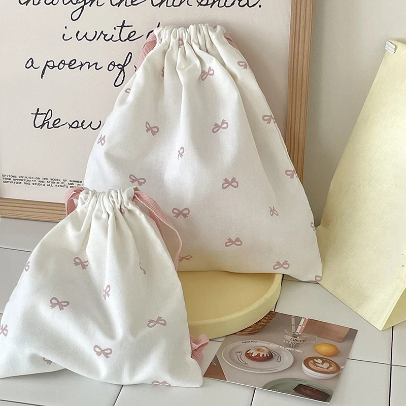 Cute Pink Bowknot Print Travel Skincare Drawstring Storage Bag Makeup Bag Underwear Clothing Bag Portable Organizer Bag