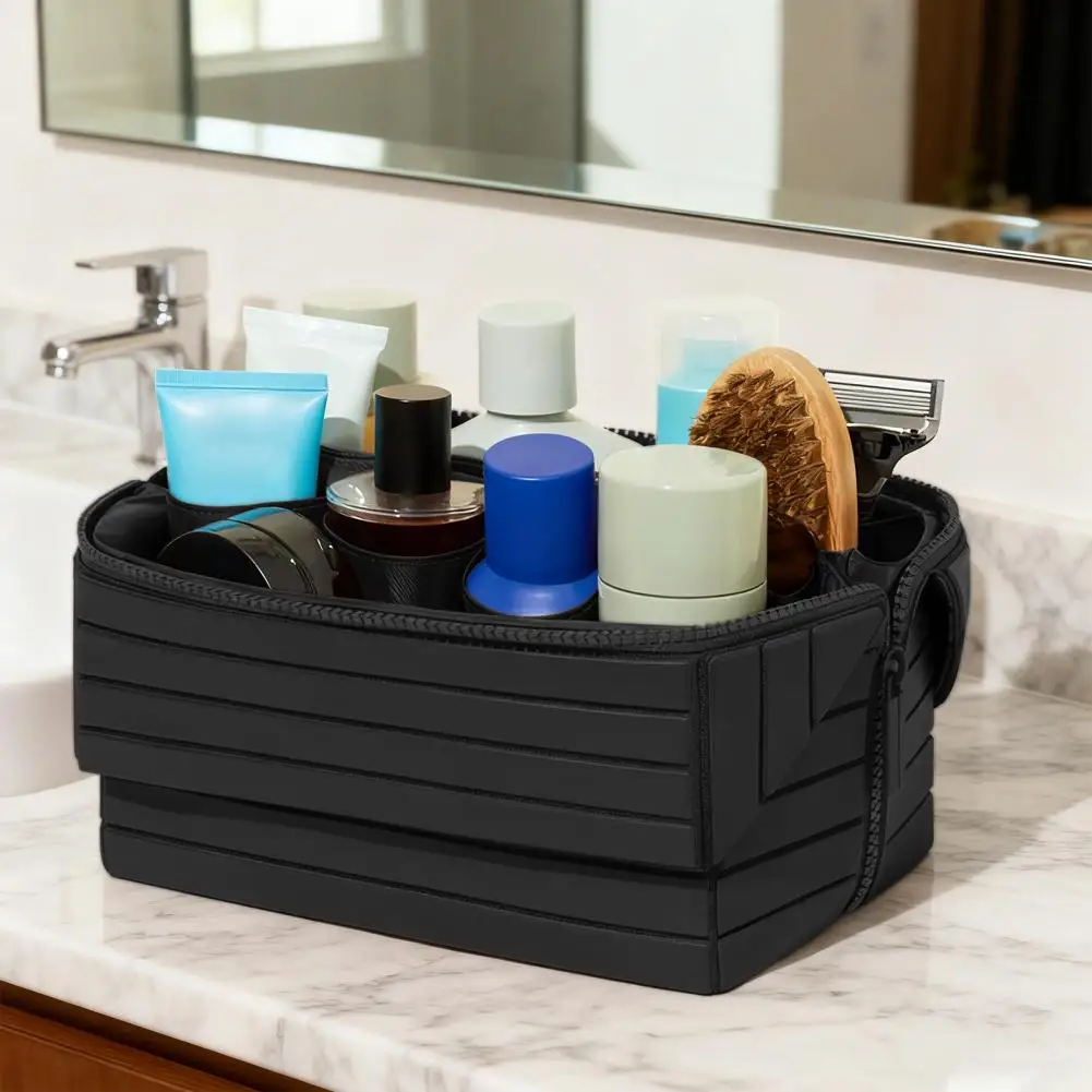 Fold-Down Travel Makeup Bag Waterproof Large Toiletry Bag Hanging Cosmetic Organizer with No-Spill Compartments for Makeup Use