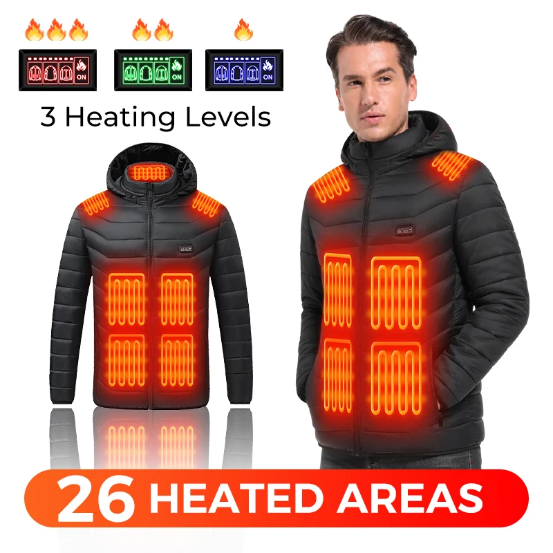 26 Zones Heated Puffer Jacket Smart Constant Temp USB Rechargeable Windproof Hooded Coat For Commuting Unisex Machine Washable