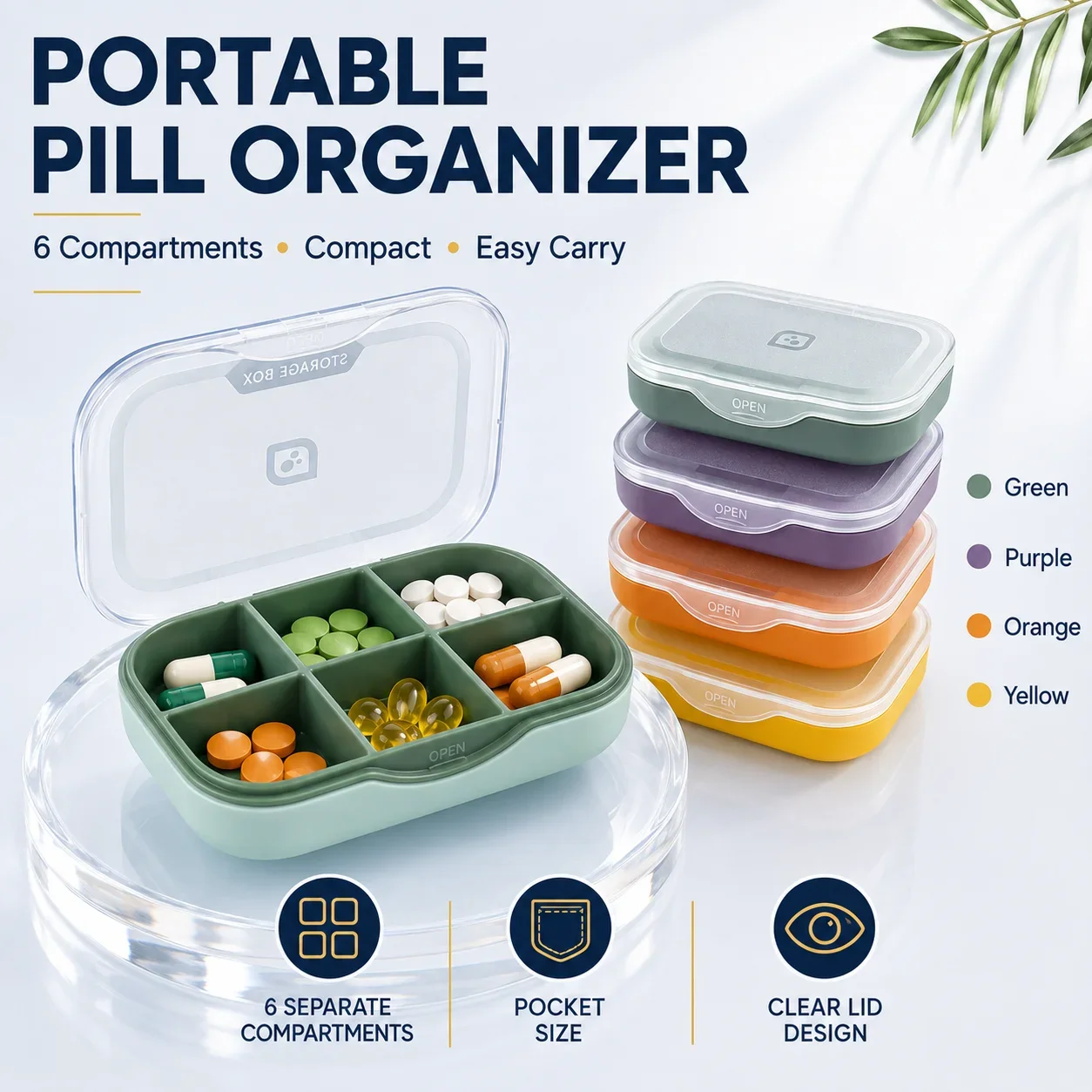 6 Compartment Pill Organizer Portable Travel Medicine Storage Box Clear Lid Vitamin Tablet Capsule Case for Daily Use Small Item