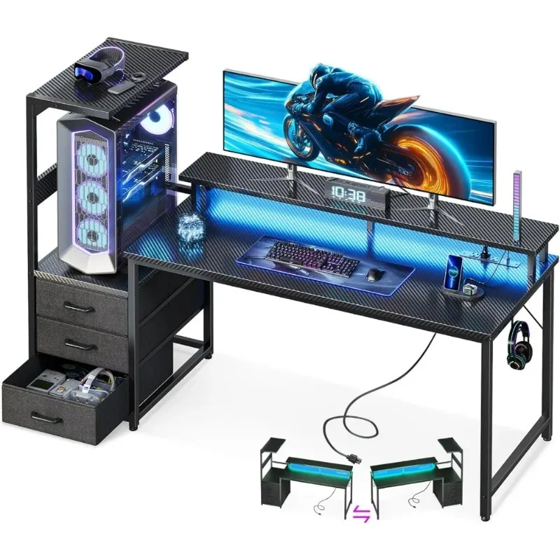 59 Inch Gaming Desk with USB Charging Ports LED Light Reversible 3 Fabric Drawers Monitor Stand CPU Stand Side Hook