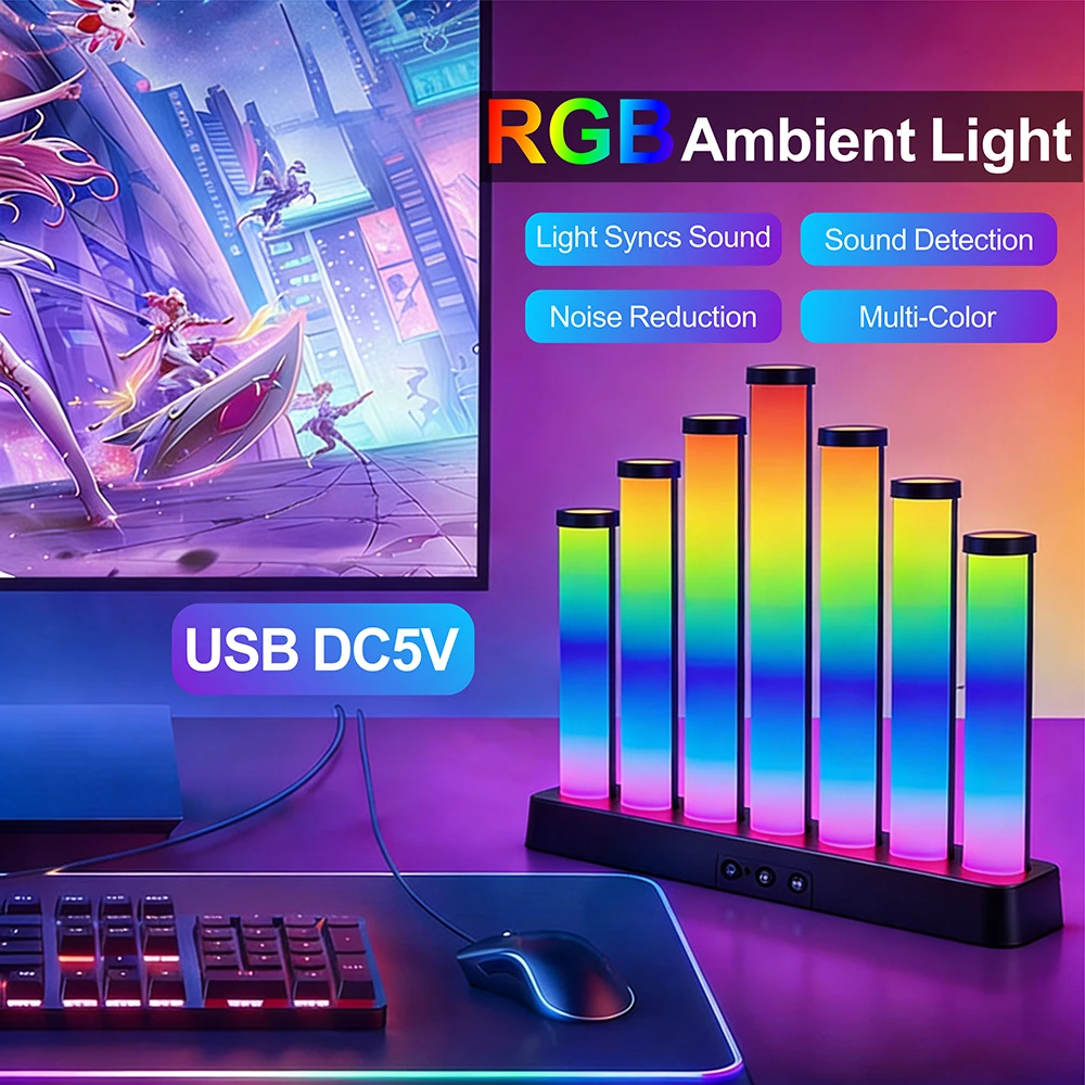 USB 5V WS2812 RGB LED Gaming Ambient Light Computer Desktop Sound-Activated Rhythm Light Desktop Ornament for Study & Bedroom 5V