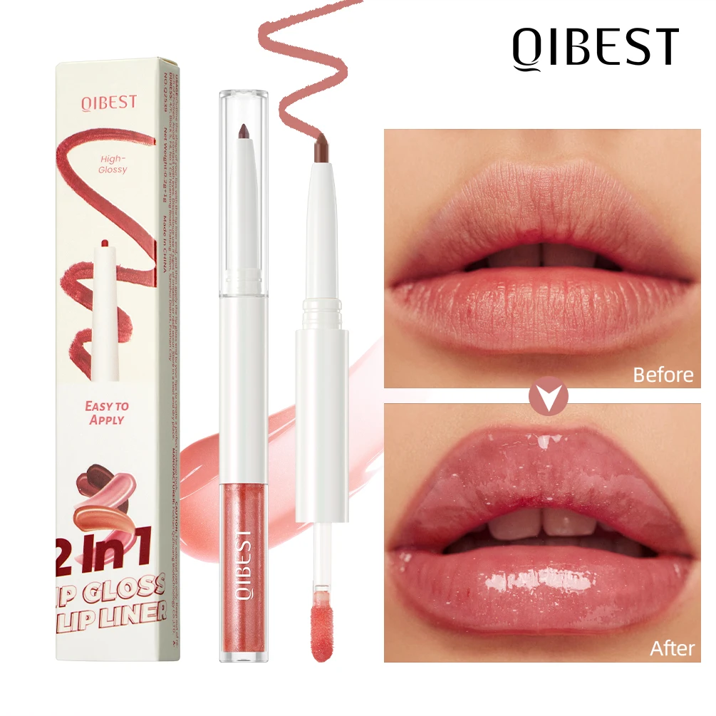 QIBEST Double Ended Velvet Brown Lip Liner Pencil Mirror Lip Glaze Moisturizing Water Light Lip Gloss Makeup Lip Contour Stick