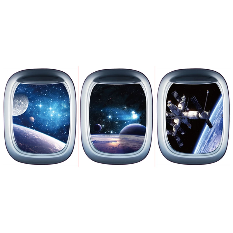 Outside Fake Spaceship Window Starry Wonders 3D Wall Art Vinyl Mural Stickers Home Decorations Stars Planets Poster Wallpaper