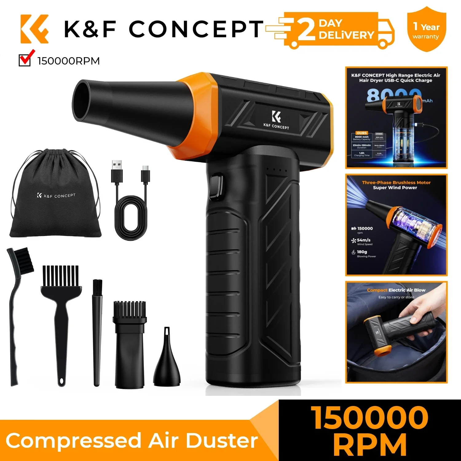 K&F CONCEPT 150000RPM 8000mAh Electric Air Duster Brushless Compressed Air Blower for PC,Laptop Keyboard,Camera Dust Cleaner