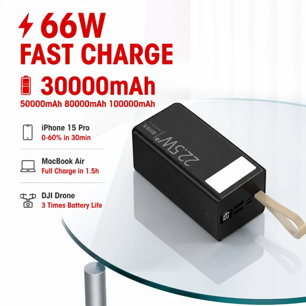 50000mAh Power Bank 66W Fast Charging Laptop Battery Pack with LED Camping Light, 4 Outputs Outdoor Emergency Charger for Travel