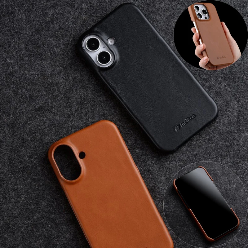 Retro Solid Color Genuine Leather Phone Cover for iPhone Air 16 Plus 17 Pro Max with Back Supports Wireless Charging